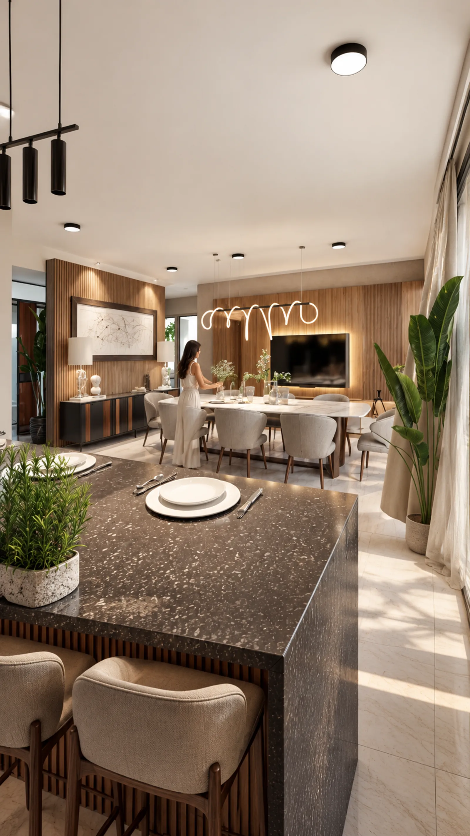 Vista vertical de comedor y sala con lámpara colgante escultórica luminosa y muro de listones de madera con televisor.