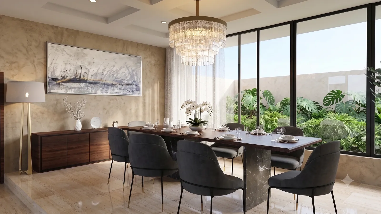 Comedor moderno con mesa de mármol, sillas negras, lámpara de cristal colgante y vistas a un jardín a través de grandes ventanales.