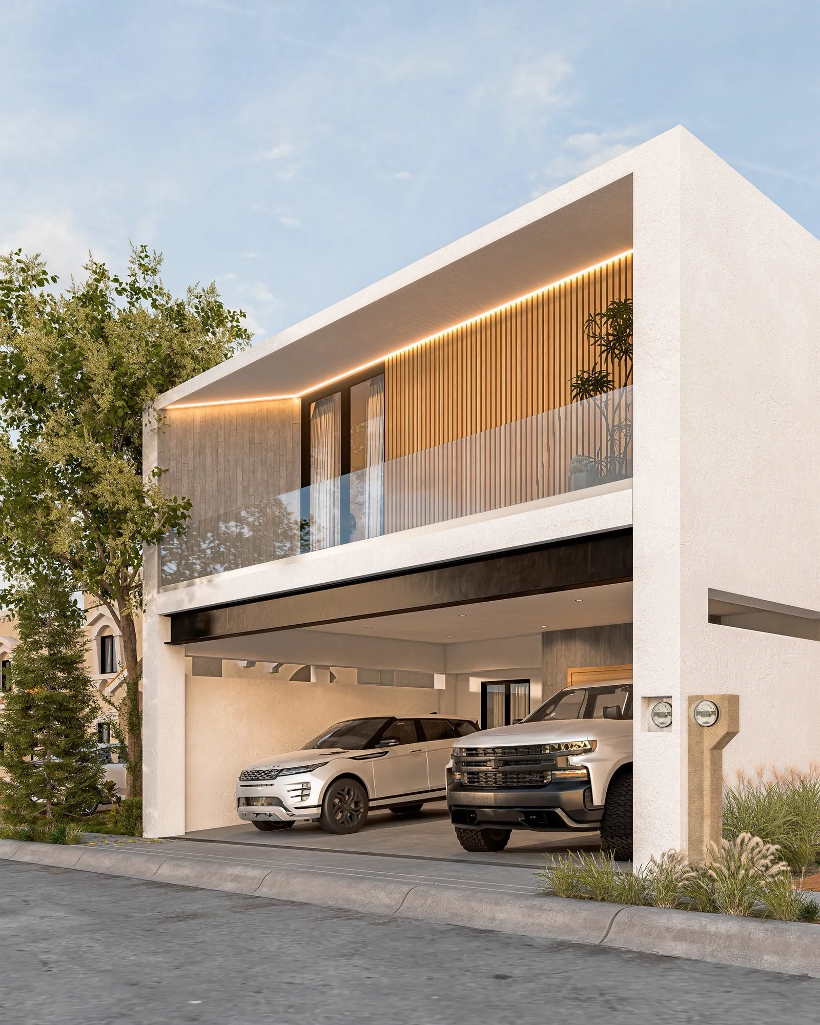 Casa moderna de dos pisos con garaje abierto que alberga dos vehículos, fachada blanca y balcón con celosía de madera.