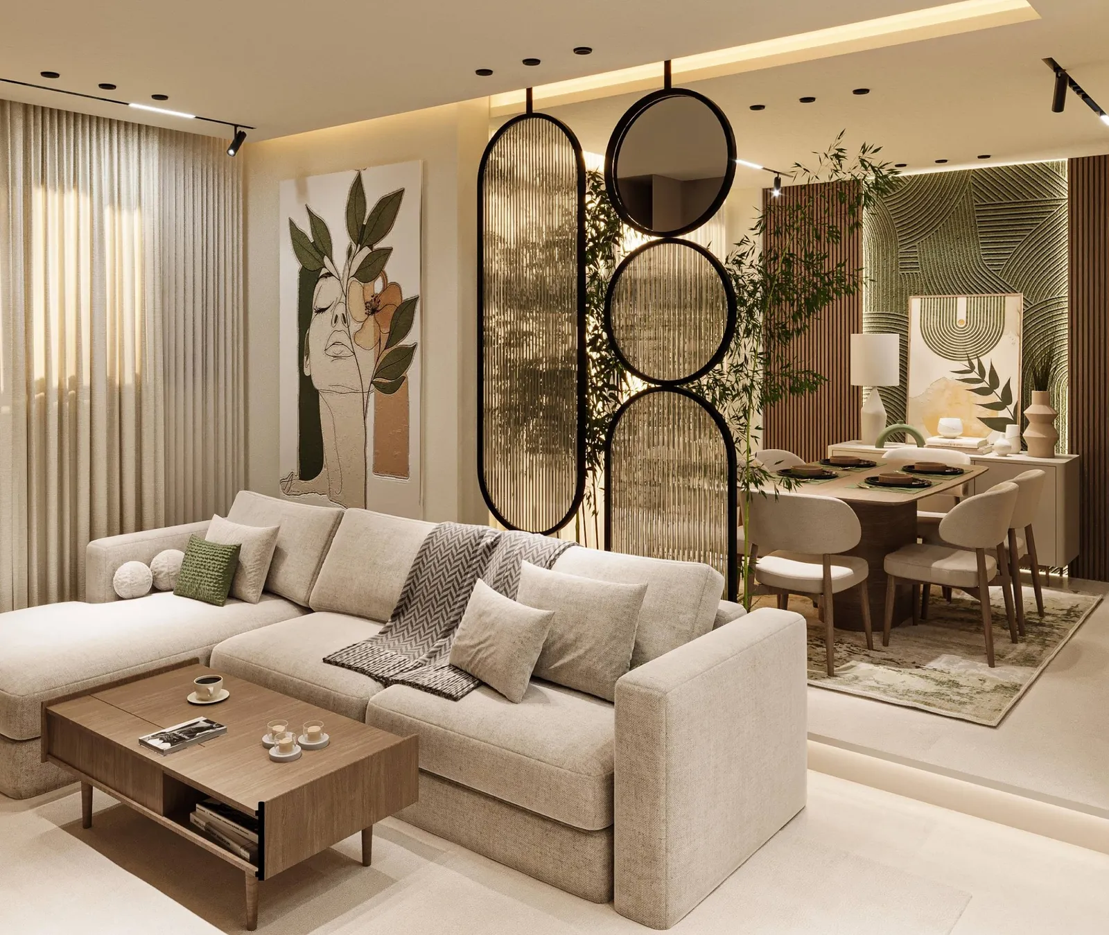 Sala de estar moderna con sofá beige, mesa de madera, espejos circulares colgantes y plantas decorativas en tonos neutros y verdes.
