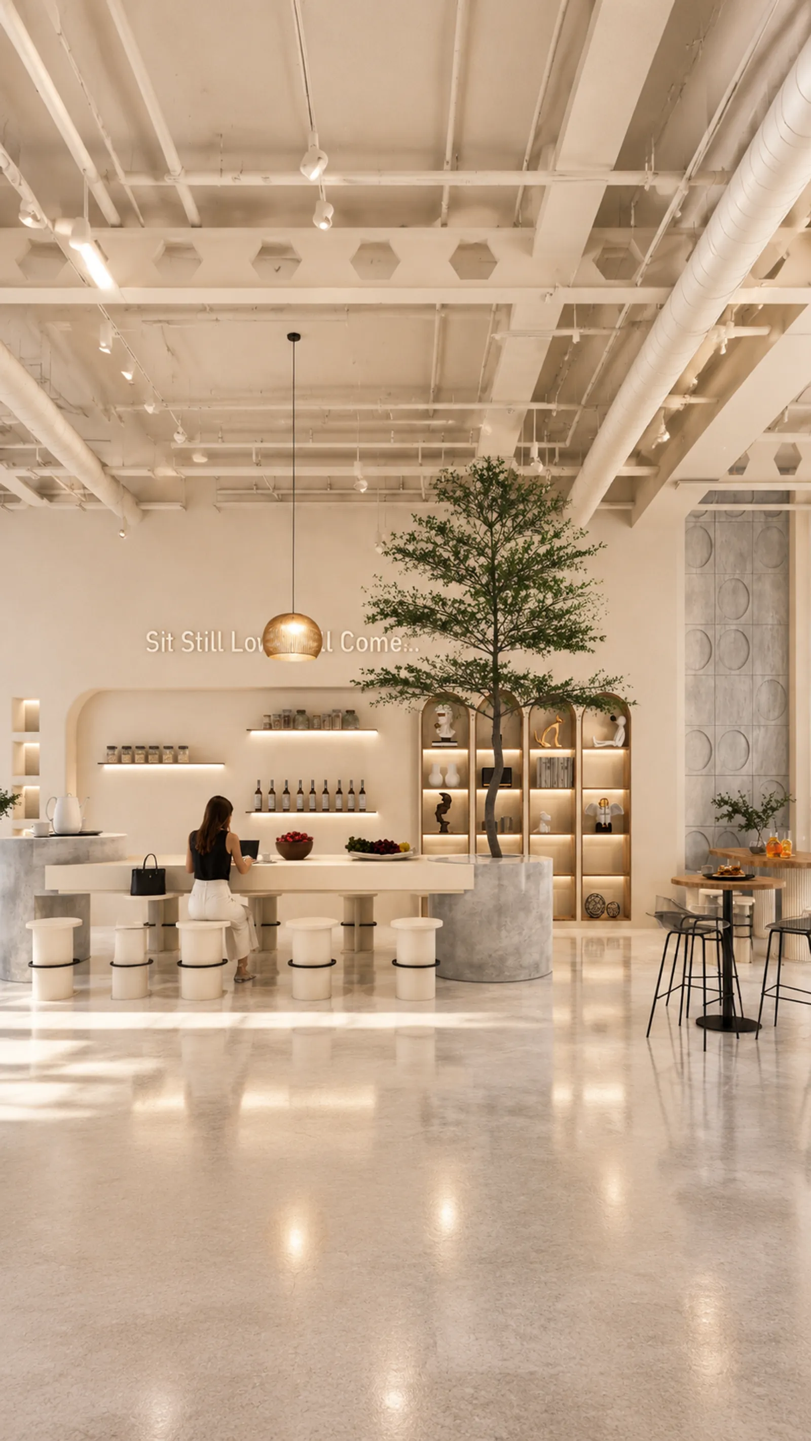 Vista vertical de zona de mesas comunales en cafetería moderna, con persona sentada, estantería arqueada decorativa y luz natural.