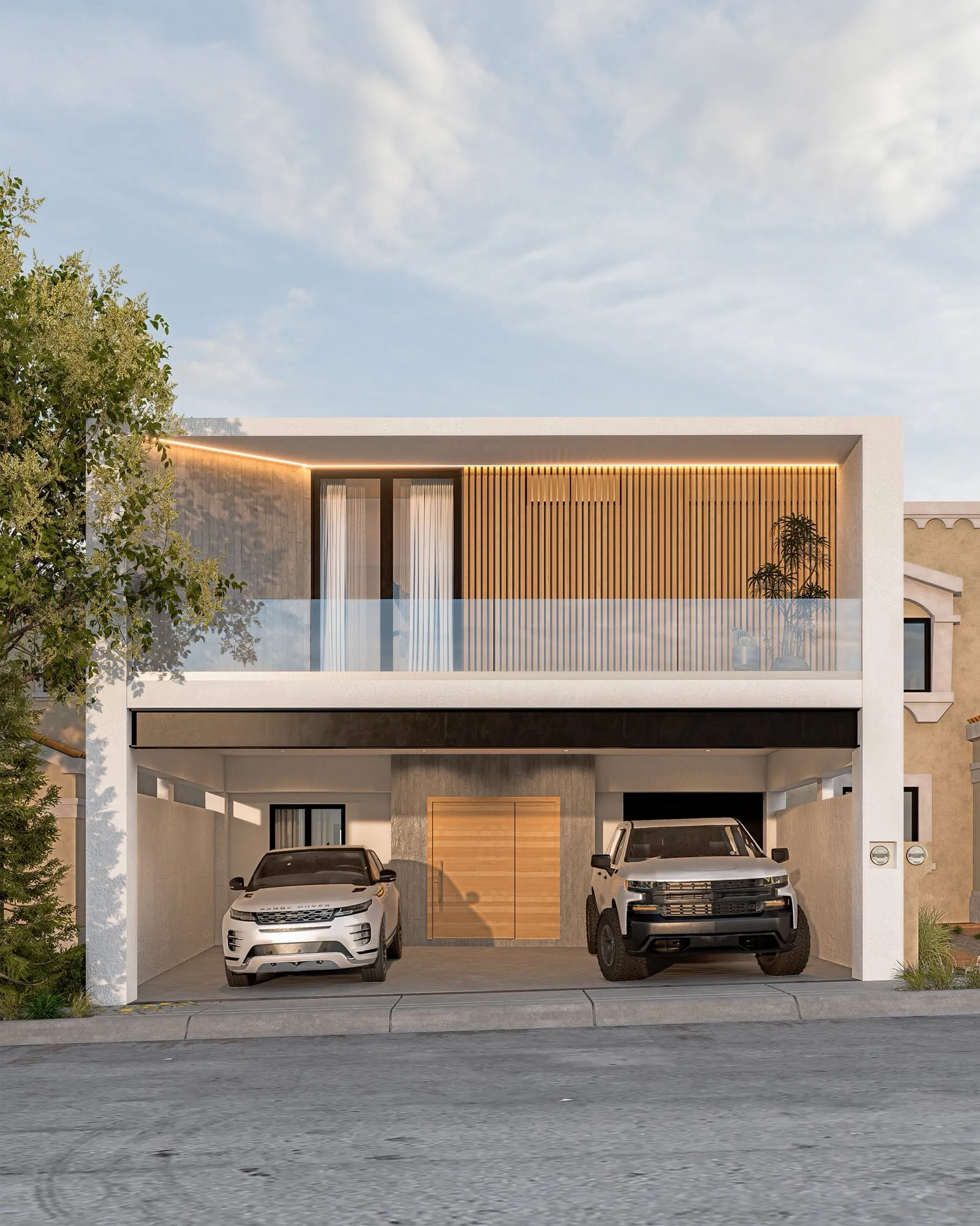 Casa moderna de dos pisos con garaje abierto para dos vehículos, fachada blanca con paneles de madera y balcón acristalado.