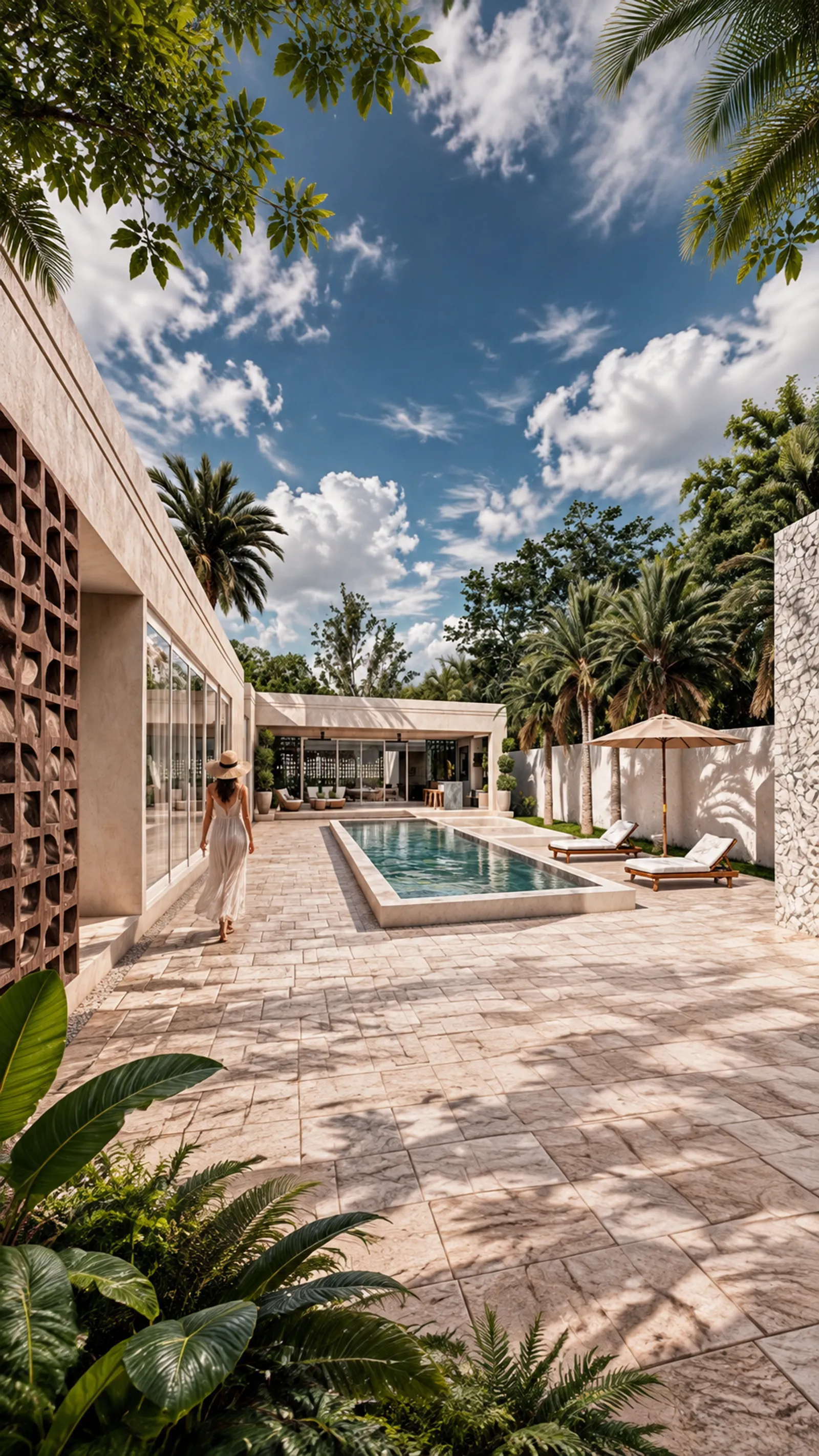 Vista vertical de terraza con piscina, mujer caminando junto al agua, celosía de madera y camastros bajo sombrilla.