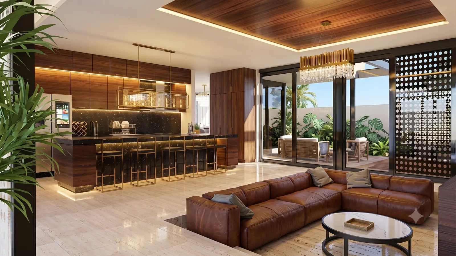Sala de estar moderna y lujosa con sofá de cuero marrón, cocina integrada con muebles de madera oscura, y acceso a terraza con vistas al exterior.