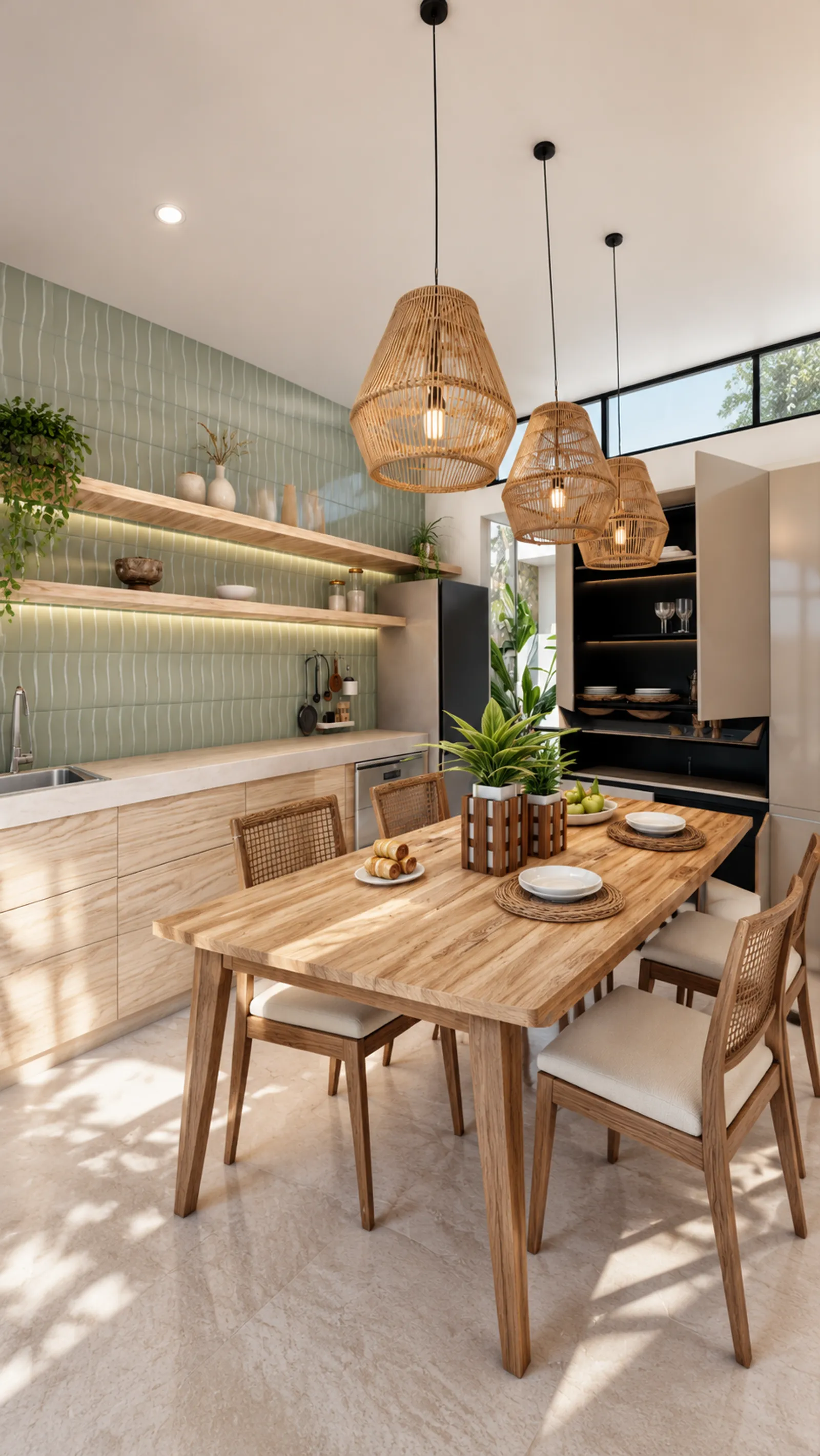 Vista vertical de cocina moderna con lámparas colgantes de mimbre, mesa de comedor de madera y gabinetes con iluminación integrada.