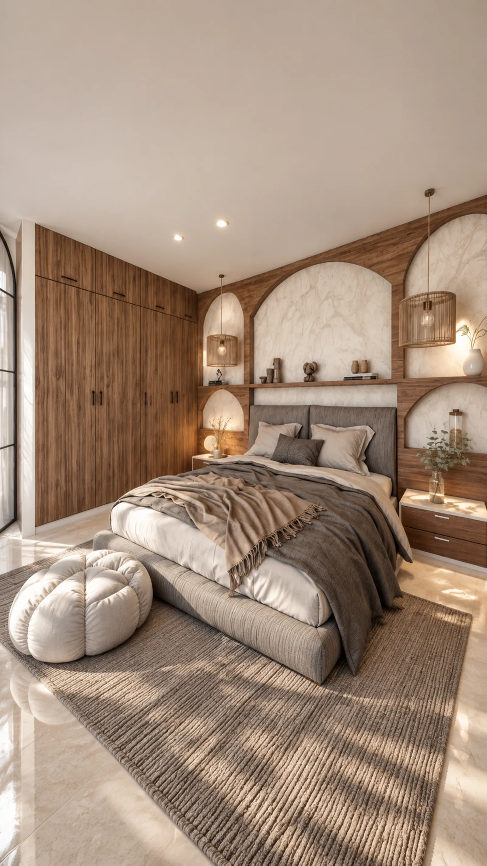 Vista vertical de dormitorio con repisas arqueadas de madera y mármol, cama con mantas texturizadas y puf de tela.