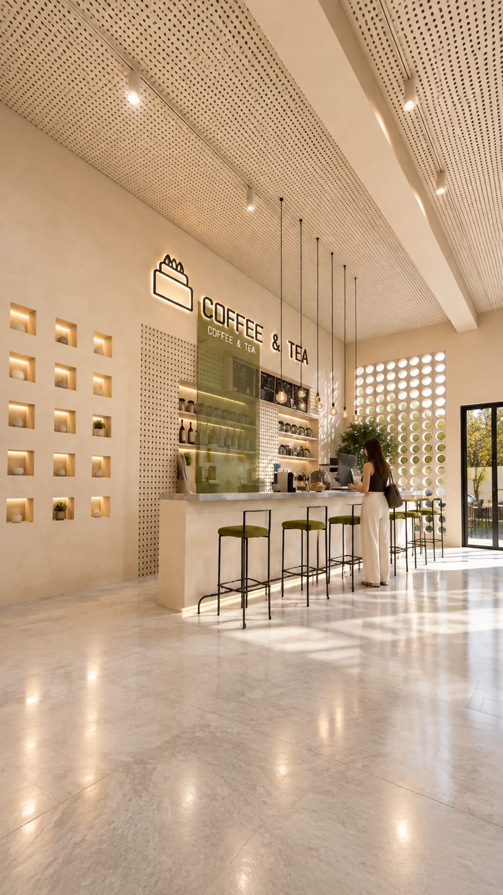 Vista vertical de cafetería moderna con muro de nichos decorativos iluminados, letrero 'Coffee & Tea', árbol interior y persona sentada en mesa alta.