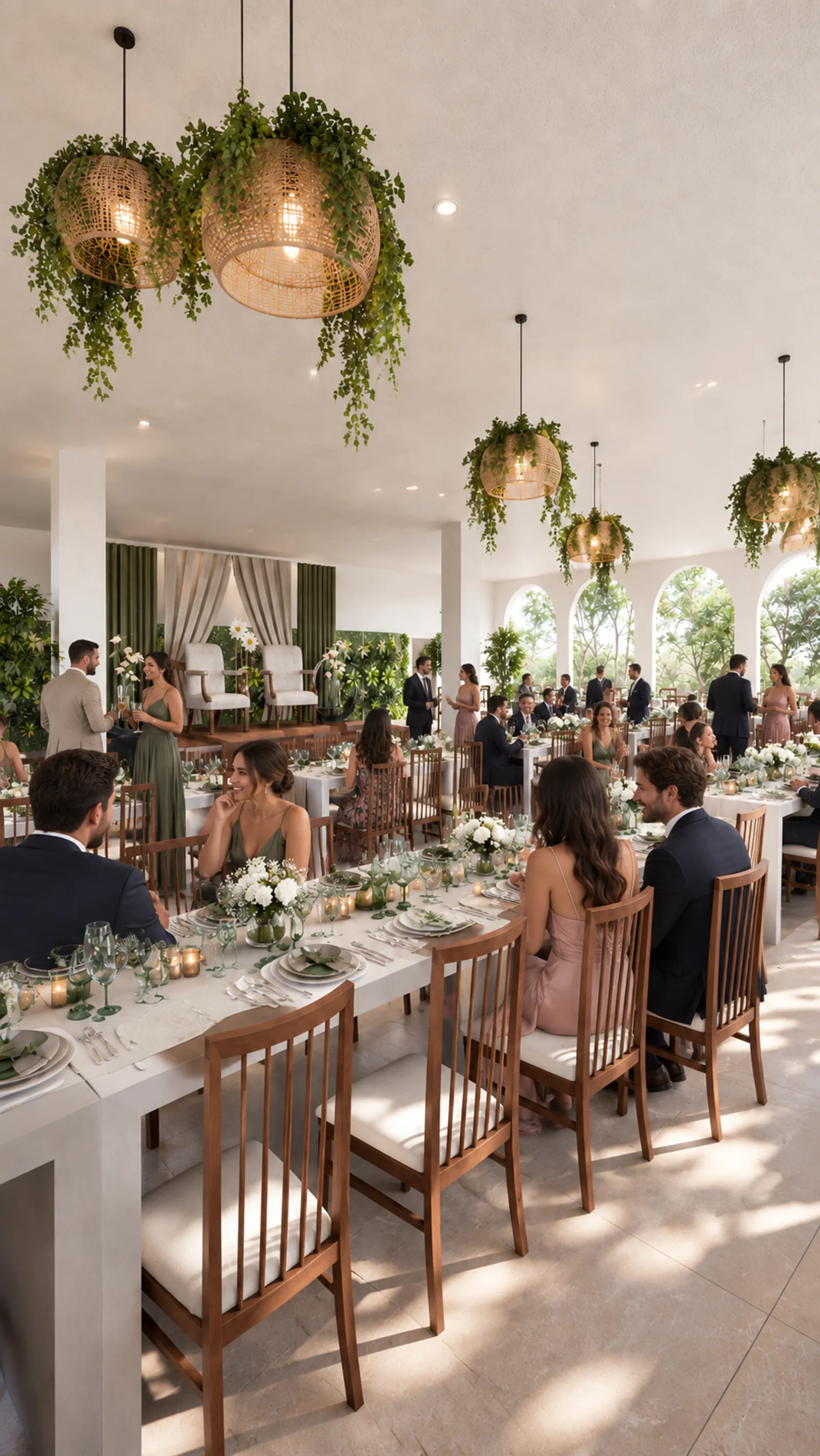 Vista vertical de salón de banquetes con lámparas colgantes de mimbre y follaje, invitados conversando junto a mesas decoradas con flores blancas.
