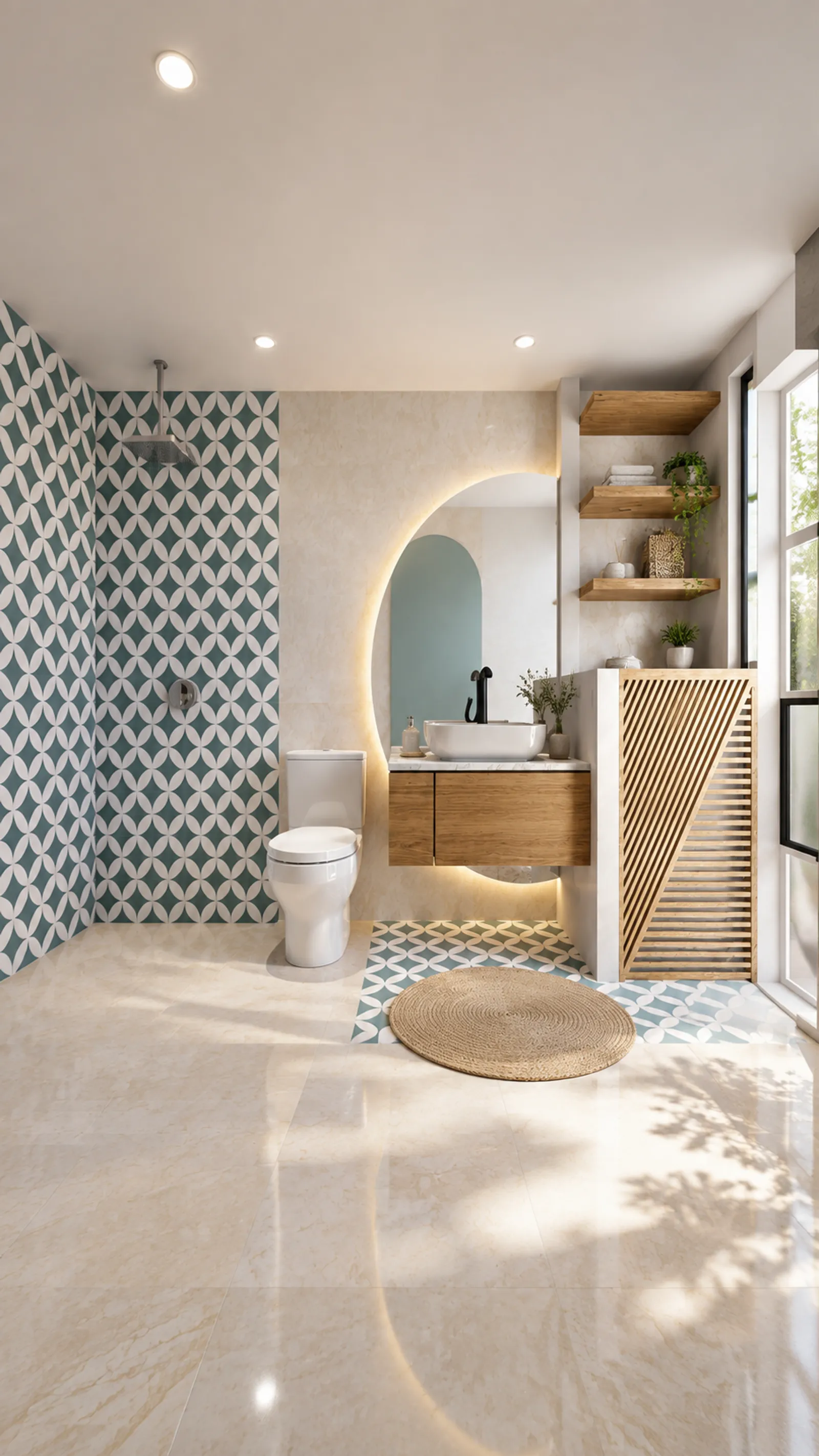 Vista vertical de baño con azulejo geométrico verde y blanco en ducha y piso, espejo circular retroiluminado y repisas de madera.