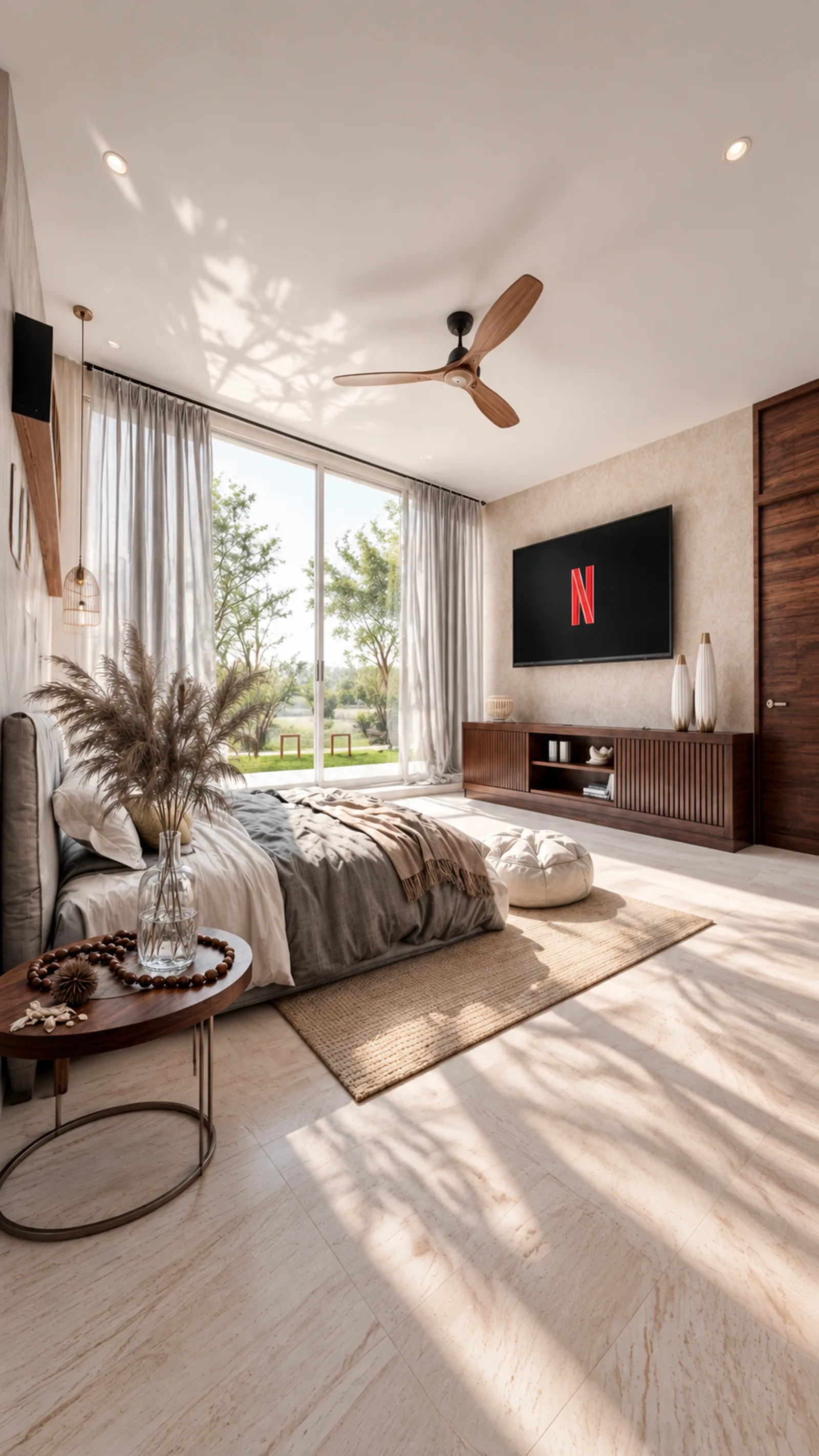 Vista vertical de dormitorio con televisor de pantalla plana, ventilador de techo, cortinas blancas y jarrón con pampas.
