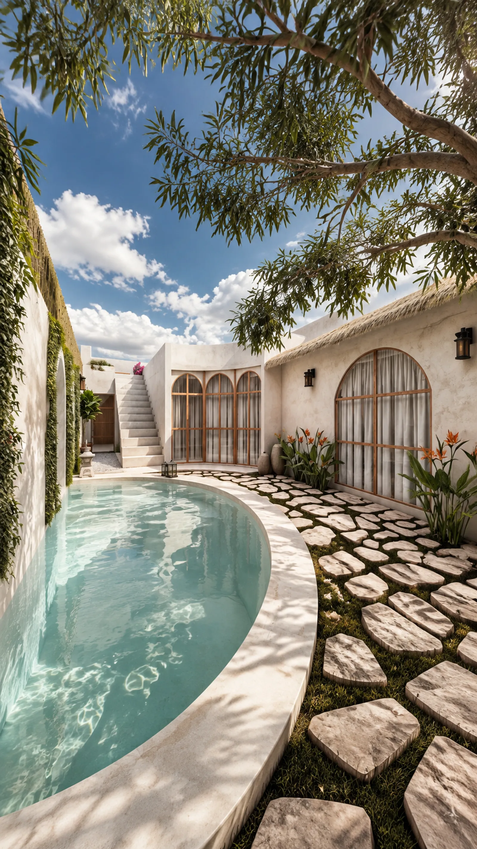 Vista vertical de patio con piscina curva de piedra, escalera exterior, ventanales arqueados de madera y árbol frondoso en primer plano.