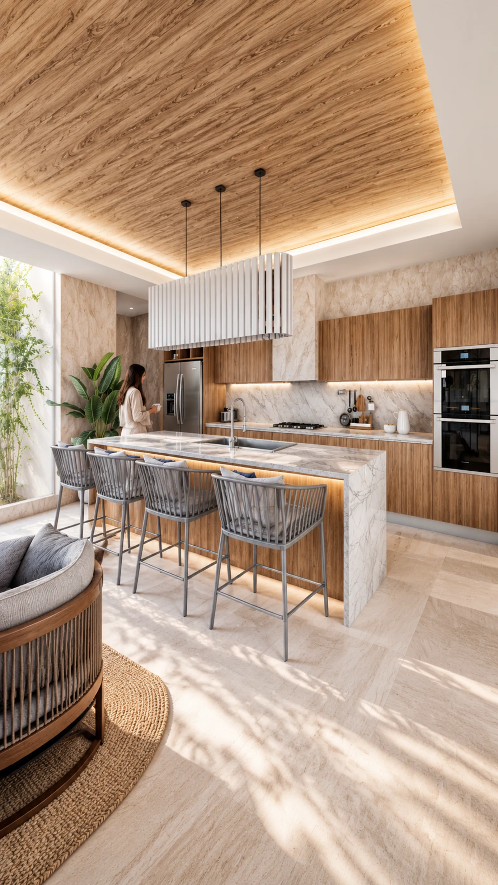 Vista vertical de cocina moderna con isla de mármol, lámpara colgante lineal de madera y sillas grises tapizadas.